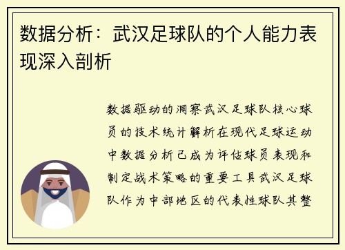 数据分析：武汉足球队的个人能力表现深入剖析